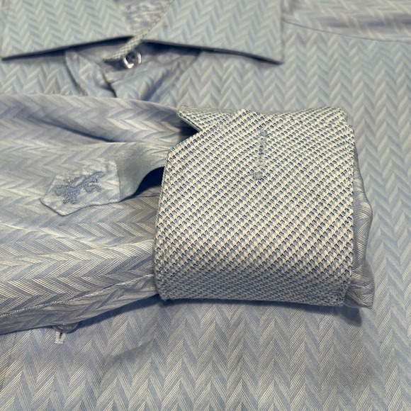 Bugatchi Uomo Men Dress Shirt 15.5/39 Blue Herringbone Roll Cuff Long Sleeve3434 - Picture 2 of 11